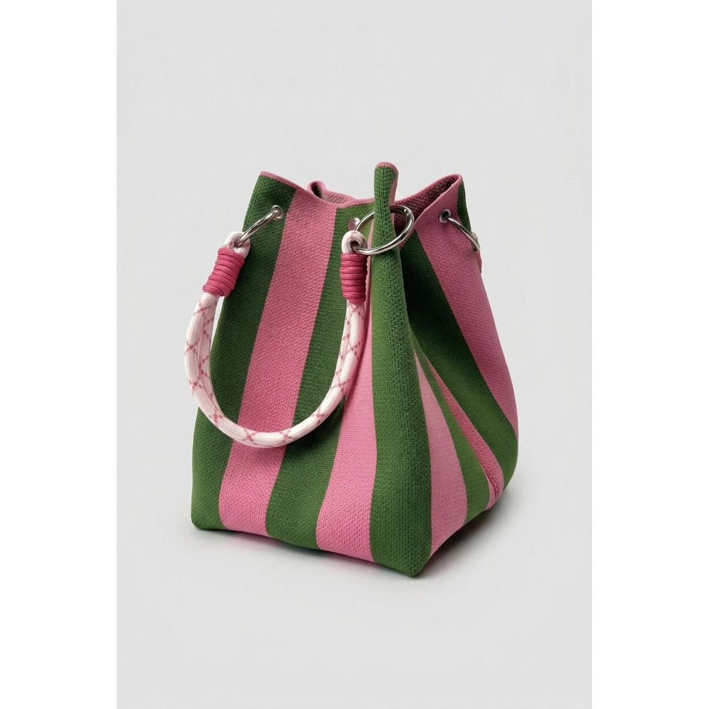 Women's Mini Bucket Bag Pink Green Striped Rope Handle Coastal Preppy